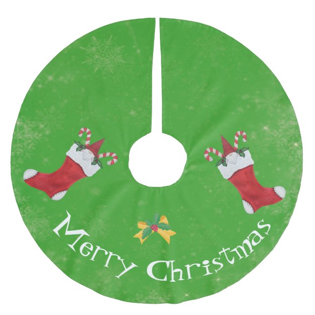 Gnomes in Red Christmas Stockings Candy Cane Green Brushed Polyester Tree Skirt (Front)