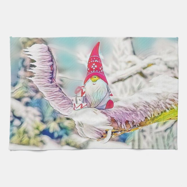 Gnomes in the snow watercolor painting  kitchen towel (Horizontal)