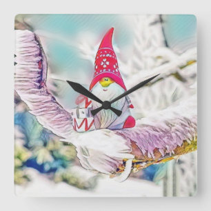 Gnomes in the snow watercolor painting square wall clock