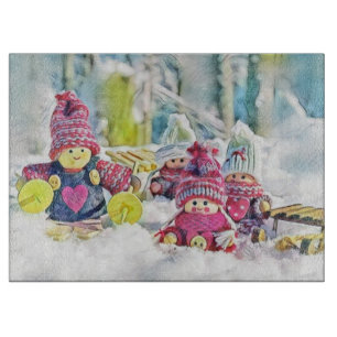 Gnomes in the snow watercolor painting vintage  cutting board
