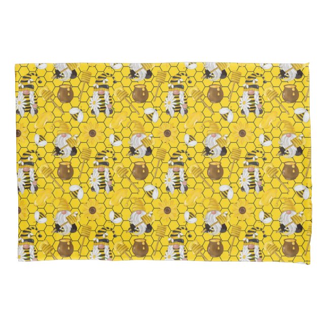 Gnomes Making Honey Yellow Floral Honey Bees Pillowcase (Front)