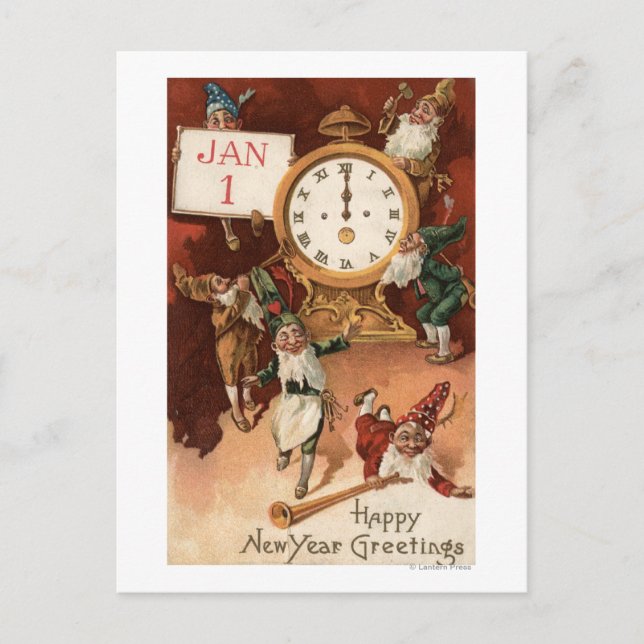 Gnomes Partying Around a Clock Holiday Postcard (Front)