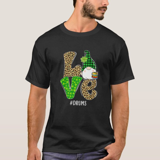 Gnomes Patrick's Day Love Drums Leopard Plaid Cost T-Shirt (Front)