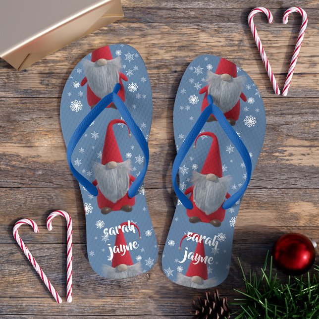 Gnomes Pattern Christmas in July Personalized Flip Flops (Sprinkle Some Festive Gnome Magic onto Your Summer (or Winter) with Personalized Flip Flops!)