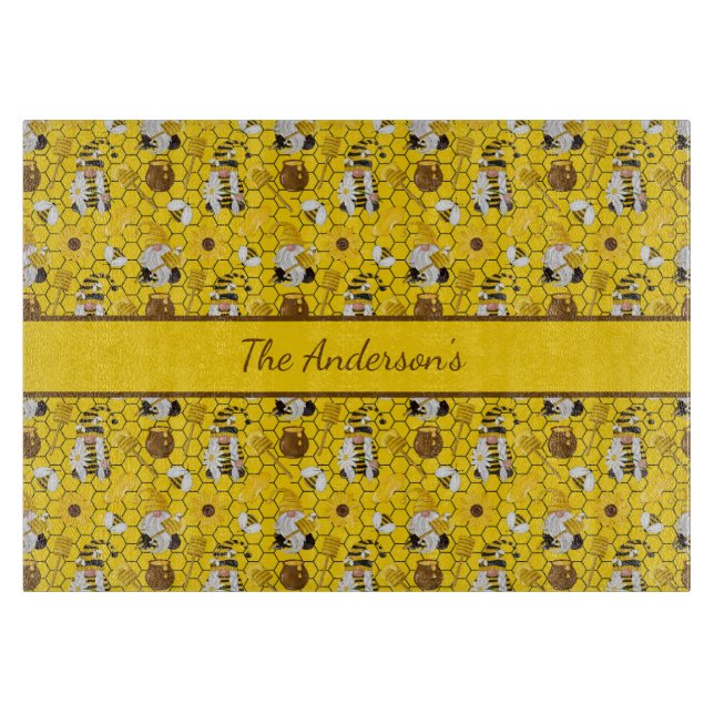 Gnomes Personalized Yellow Sunflowers Bees Honey  Cutting Board (Front)