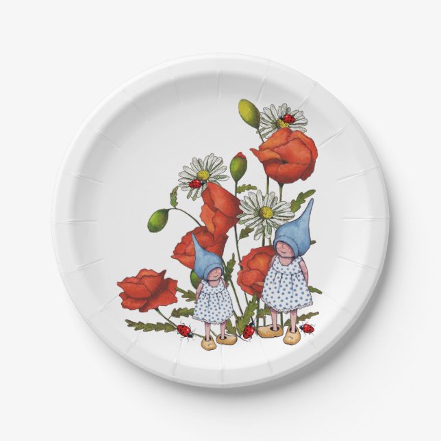 Gnomes: Poppies, Daisies, Ladybugs, Fantasy Art Paper Plate (Front)