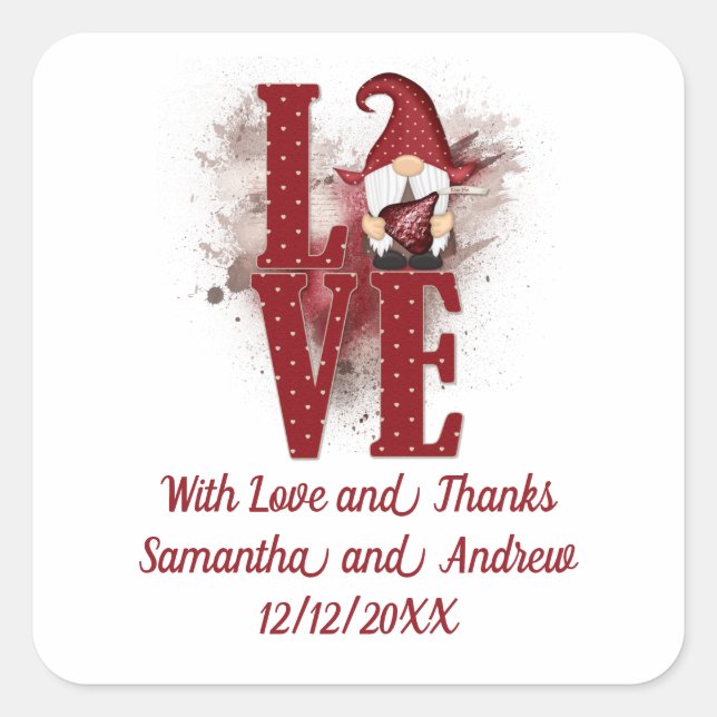 Gnomes Red Love Cute Wedding  Square Sticker (Front)