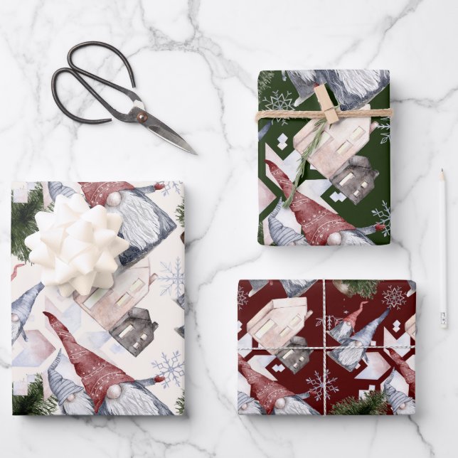 Gnomes Snowflakes Festive Nordic Christmas Pattern Wrapping Paper Sheet (Front)