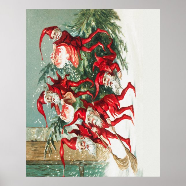 Gnomes sweeping snow with a broom poster (Front)