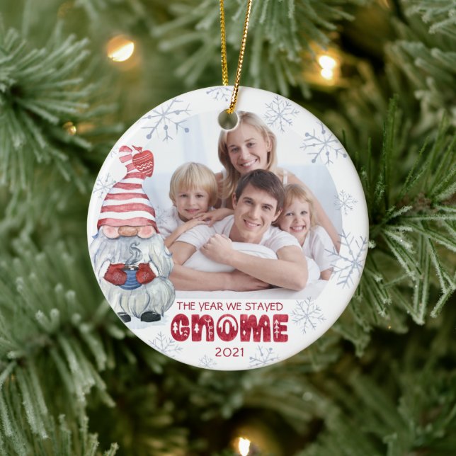 Gnomes THE YEAR WE STAYED HOME Photo Personalized Ceramic Ornament (Tree)
