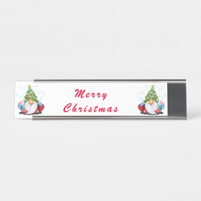Gnomes with Christmas Tree Hat and Gifts Desk Name Plate (Front)