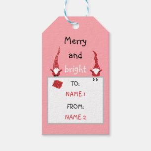 Gnomes with Christmas trees and gifts on pink Gift Tags