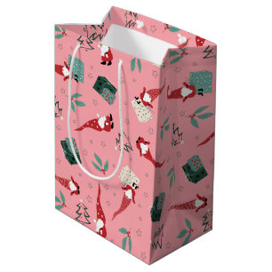 Gnomes with Christmas trees and gifts on pink Medium Gift Bag