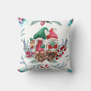 Gnomes With Lantern and Christmas Tree Throw Pillow