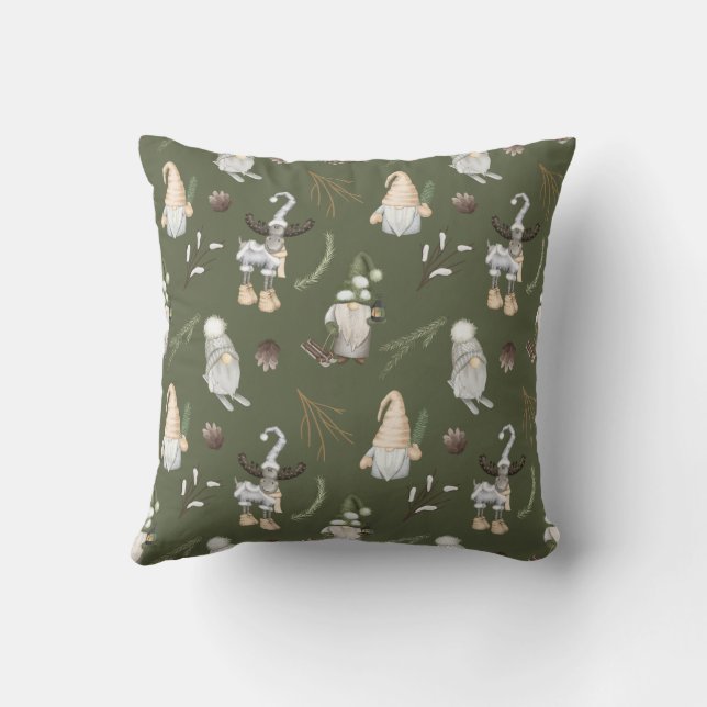 Gnomes Woodland Christmas Throw Pillow (Back)