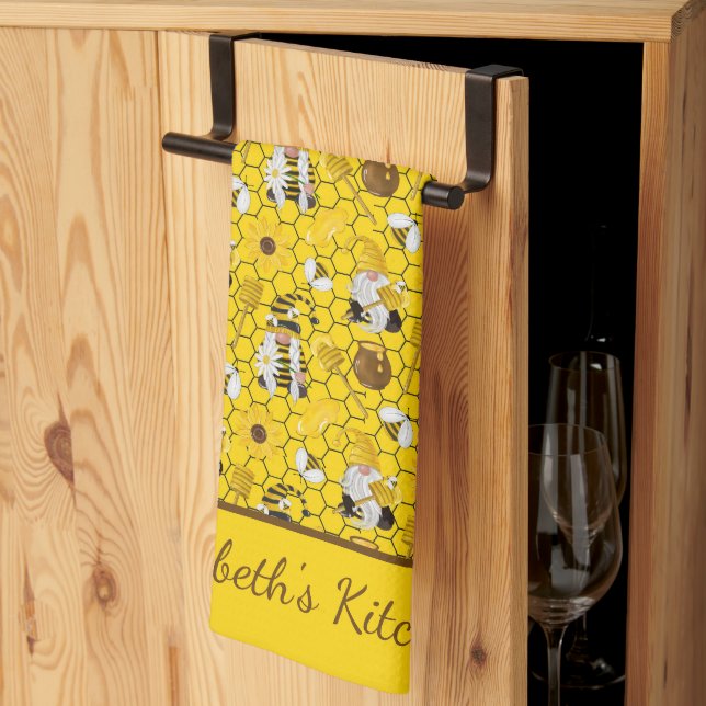 Gnomes Yellow Sunflowers Bees Honey Personalized Kitchen Towel (Thirds Fold)