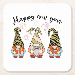 Gnomies New Year New Year 2023 Happy New Year Square Paper Coaster