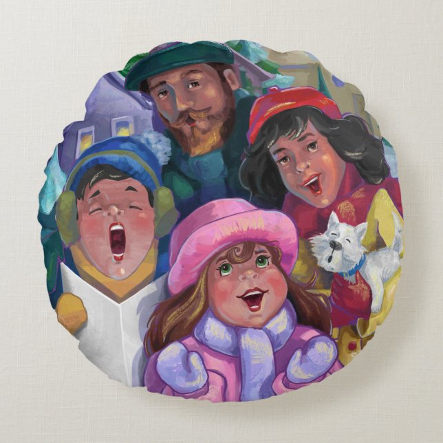 Go a Caroling Illustration Round Pillow (Front)