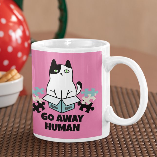 Go away human cat in jigsaw puzzle coffee mug (Cat in Jigsaw)