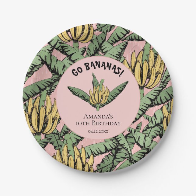 Go Bananas Pink Tropical Yellow Banana and Leaves Paper Plate (Front)
