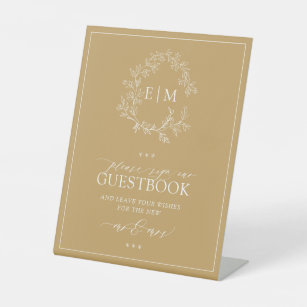 Go;d Leafy Crest Monogram Wedding Guestbook Pedest Pedestal Sign