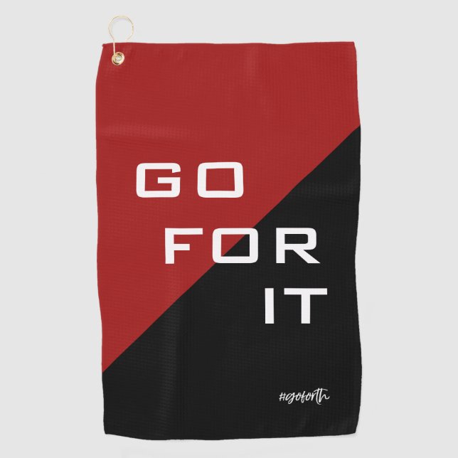 Go For It Red and Black Modern Geometric Golf Towel (Front)