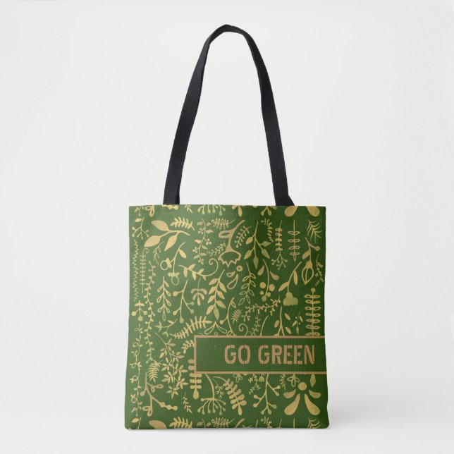 Go Green, Gold Floral Wreath Tote Bag (Front)
