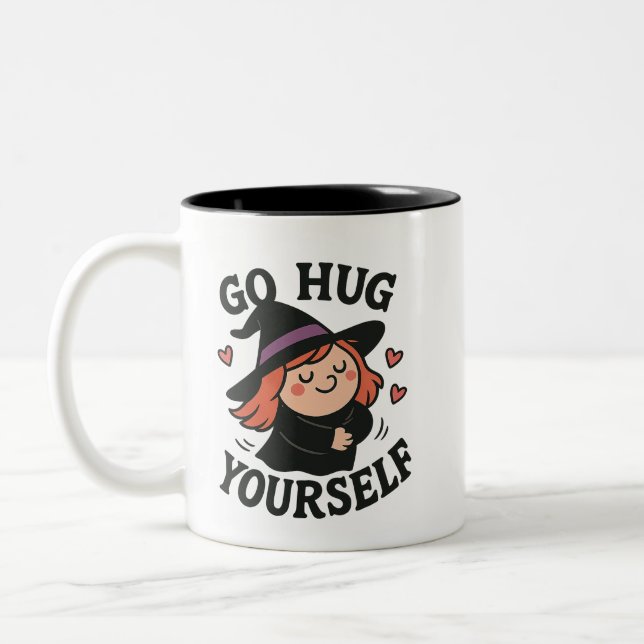 Go Hug Yourself Witch – Cute Self-Love Halloween Two-Tone Coffee Mug (Left)