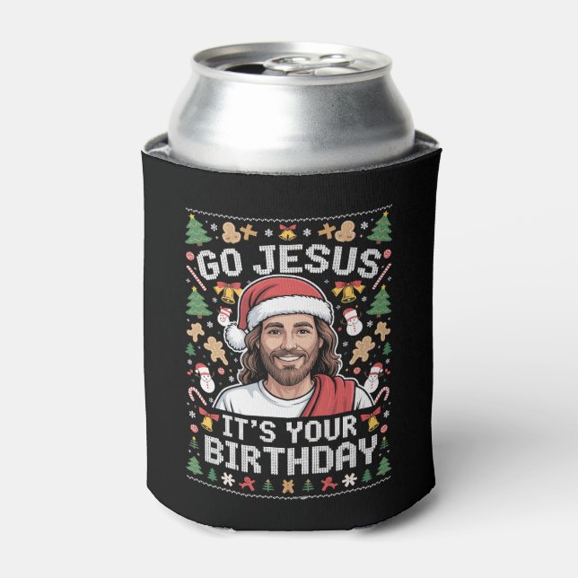 Go Jesus It's Your Birthday Ugly Christmas Sweater Can Cooler (Can Front)