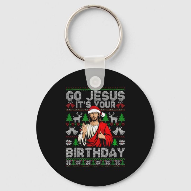 Go Jesus It's Your Birthday Ugly Christmas Sweater Keychain (Front)