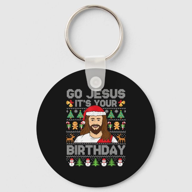 Go Jesus It's Your Birthday Ugly Christmas Sweater Keychain (Front)