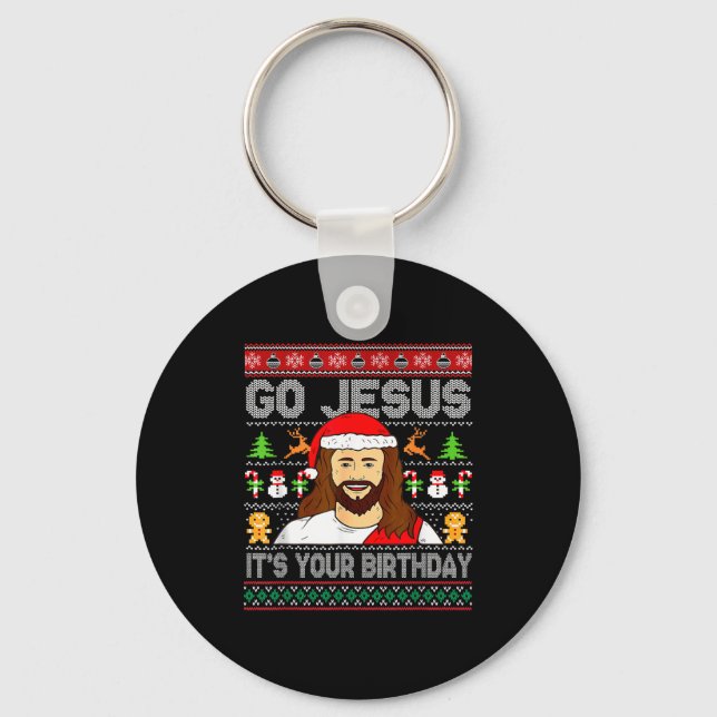 Go Jesus It's Your Birthday Ugly Christmas Sweater Keychain (Front)