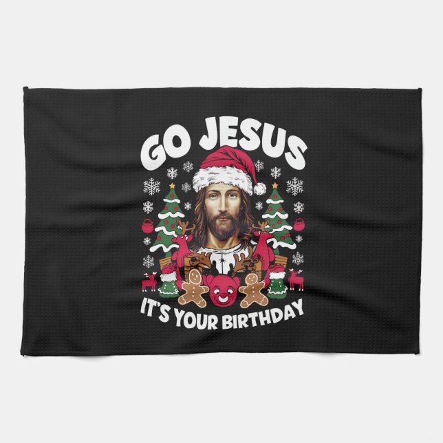 Go Jesus It's Your Birthday Ugly Christmas Sweater Kitchen Towel (Horizontal)