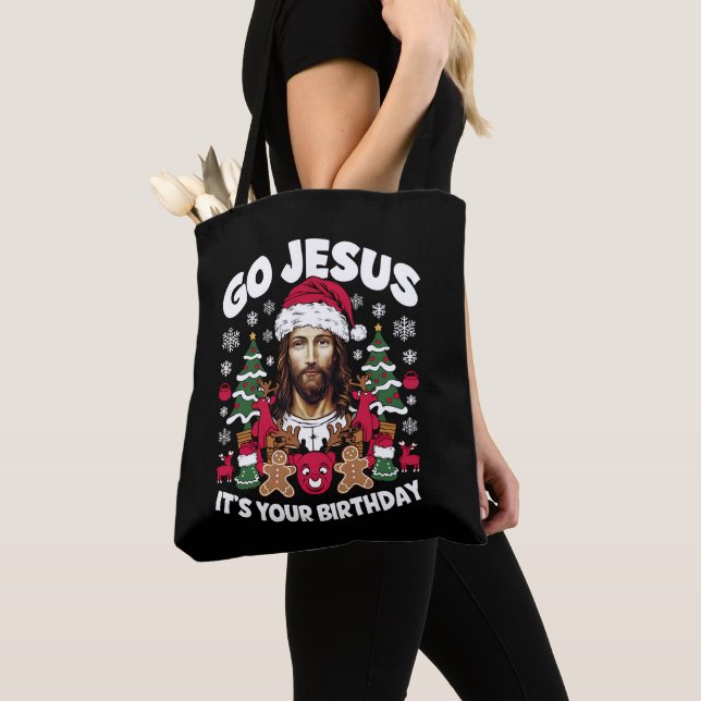 Go Jesus It's Your Birthday Ugly Christmas Sweater Tote Bag (Close Up)