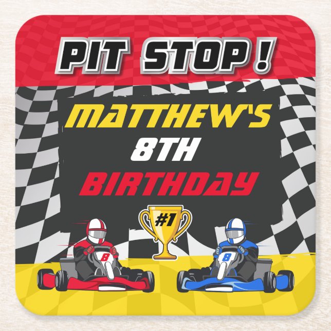 Go Kart Chequered Flag Birthday Square Paper Coaster (Front)