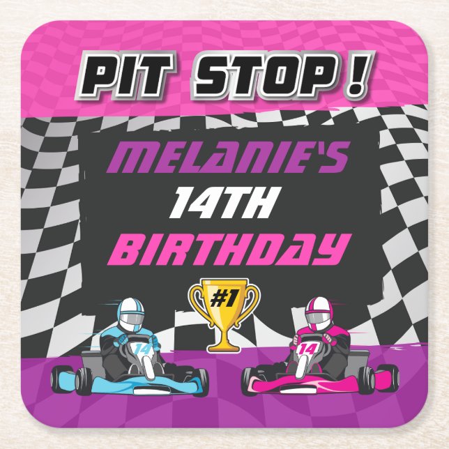 Go Kart Chequered Flag Girls Birthday Square Paper Coaster (Front)