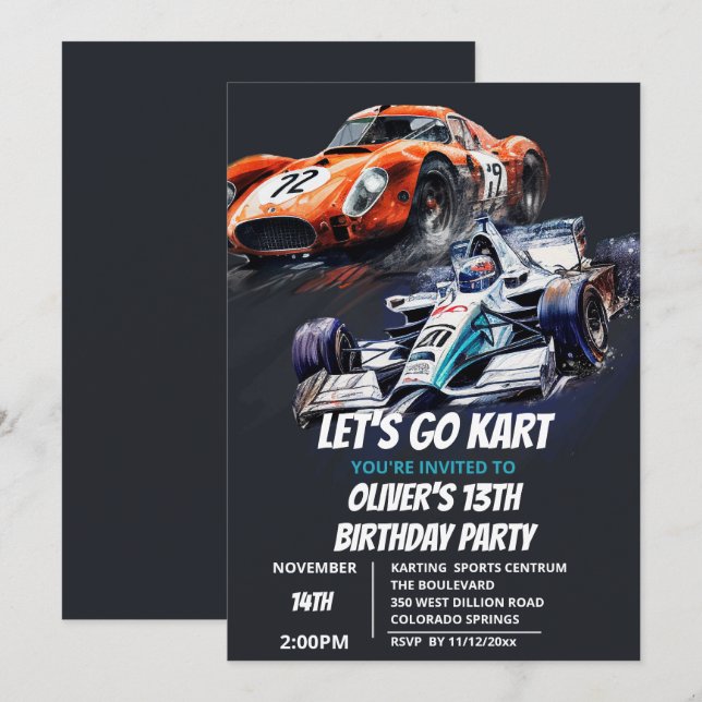 Go Kart Invitation d'anniversaire (Devant / Derrière)