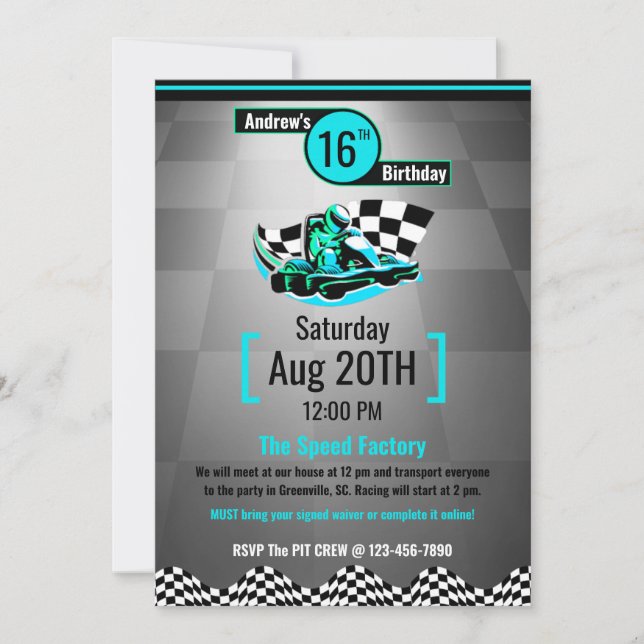 Go-Kart Party Invitation - Blue Speed Racer (Front)