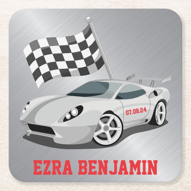 Go-Kart Race Car Racing Bar Mitzvah Square Paper Coaster (Front)