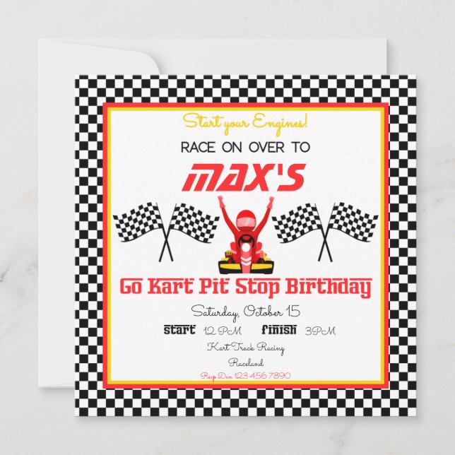 Go Kart Racers in Red, Black and Yellow with Flags Invitation (Front)