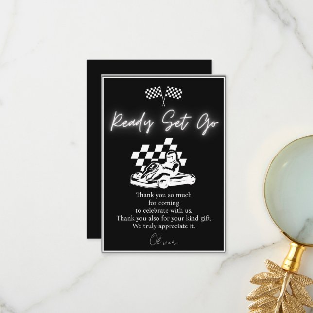 Go karting, racing car boy birthday  thank you card (Front/Back In Situ)