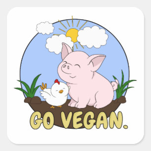 Go Vegan - Cute Pig and Chicken Square Sticker