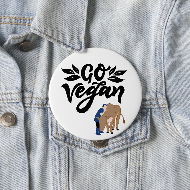 Go Vegan Person Hugging Cow 4 Inch Round Button (In Situ)