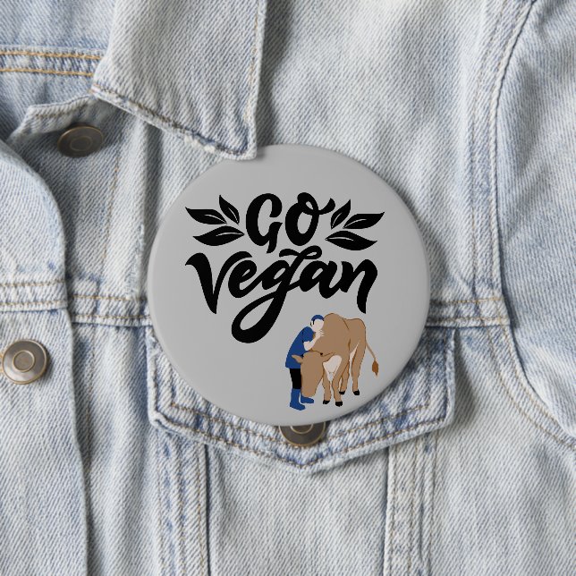 Go Vegan Person Hugging Cow 4 Inch Round Button (In Situ)