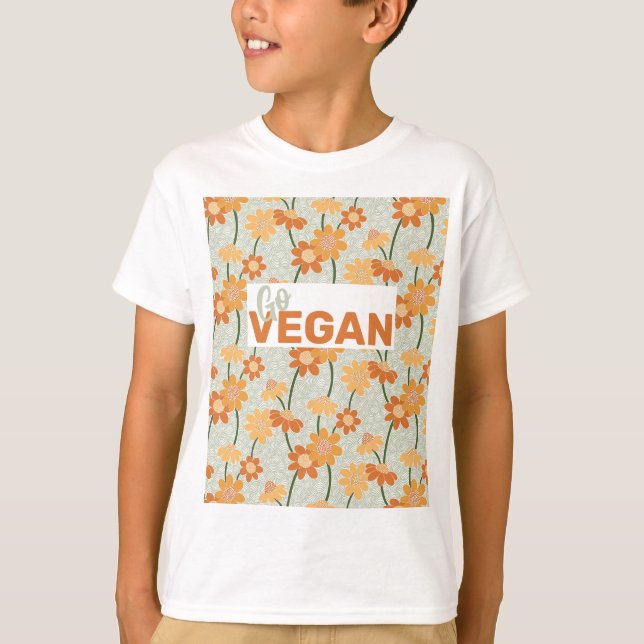 Go Vegan! Pretty retro muted 1970s flowers T-Shirt (Front)