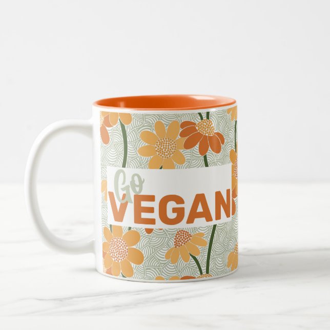 Go vegan! Pretty retro muted 1970s flowers Two-Tone Coffee Mug (Left)