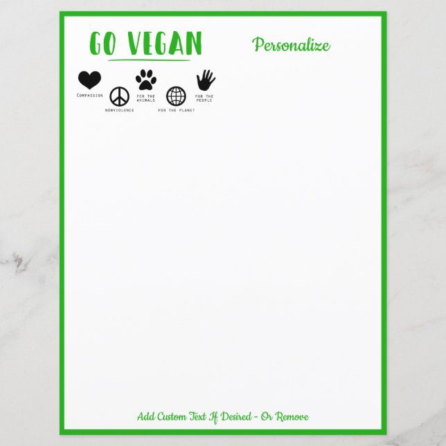 Go Vegan Quote Green Personalized Writing Paper (Front)