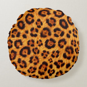 Go Wild Leopard Print Gold Orange Amber Fur Look Round Pillow
