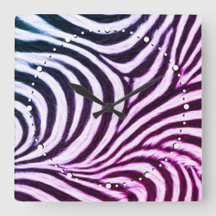 Go Wild Zebra Stripe Black White Blue Purple Square Wall Clock