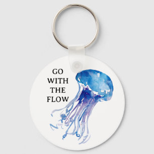“Go with the Flow”  jellyfish illustration blue Keychain